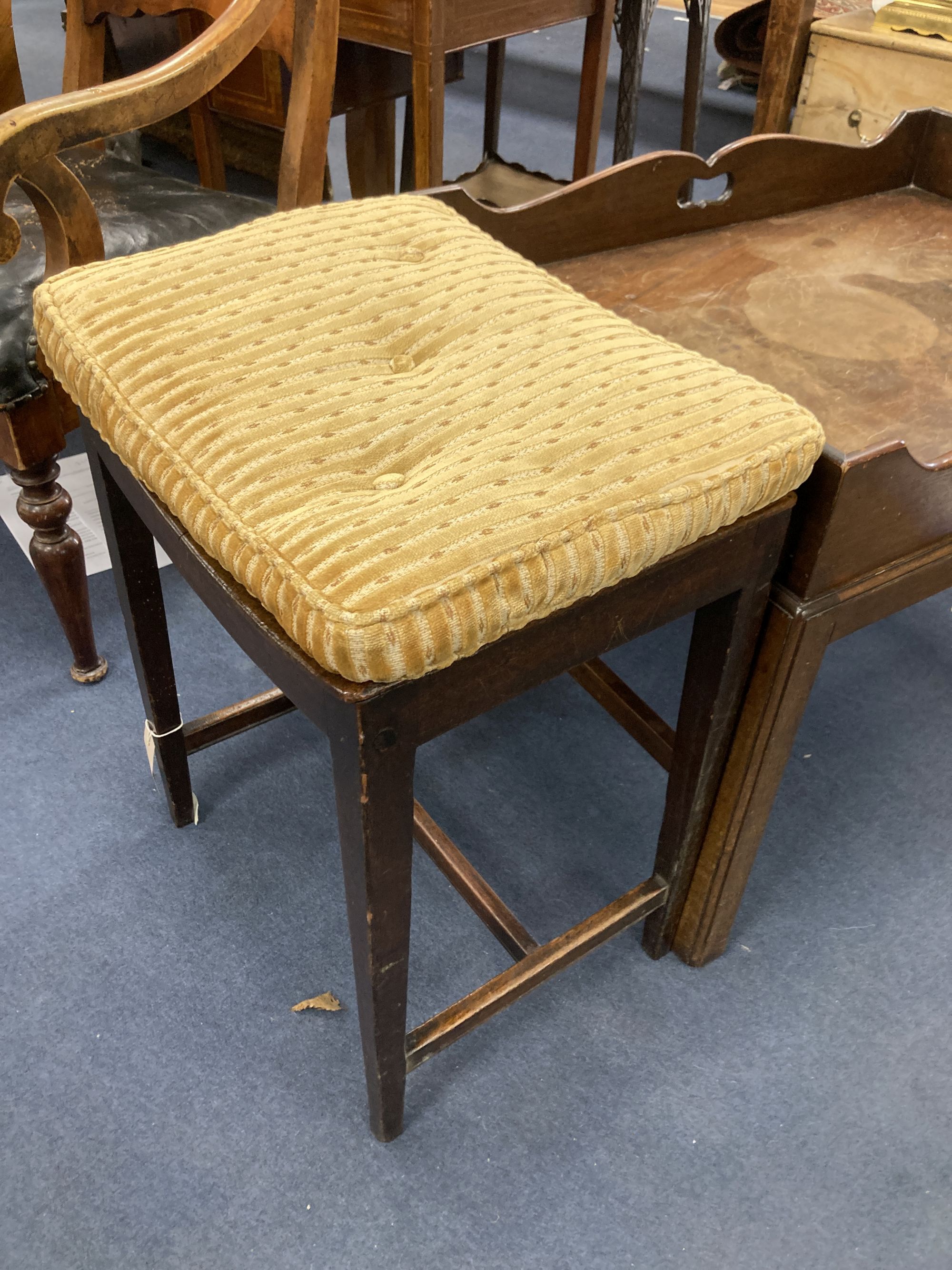 A butlers tray table, width 78cm depth 56cm height 54cm, and a Georgian mahogany stool